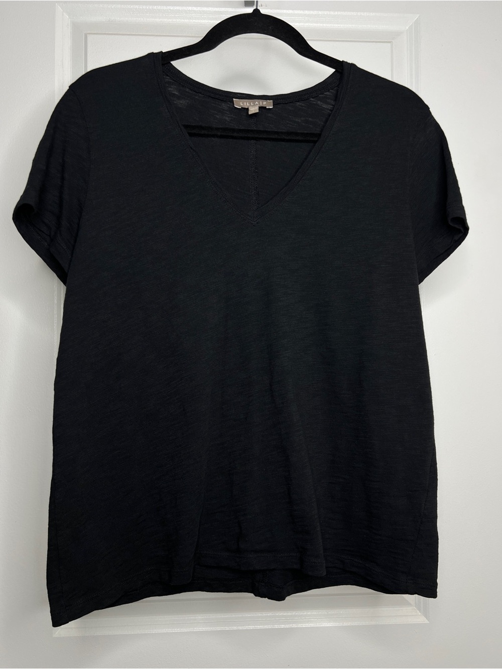 Lilla P Black V-Neck T-Shirt Women Size Large 100% Cotton Basic Short Sleeve Tee